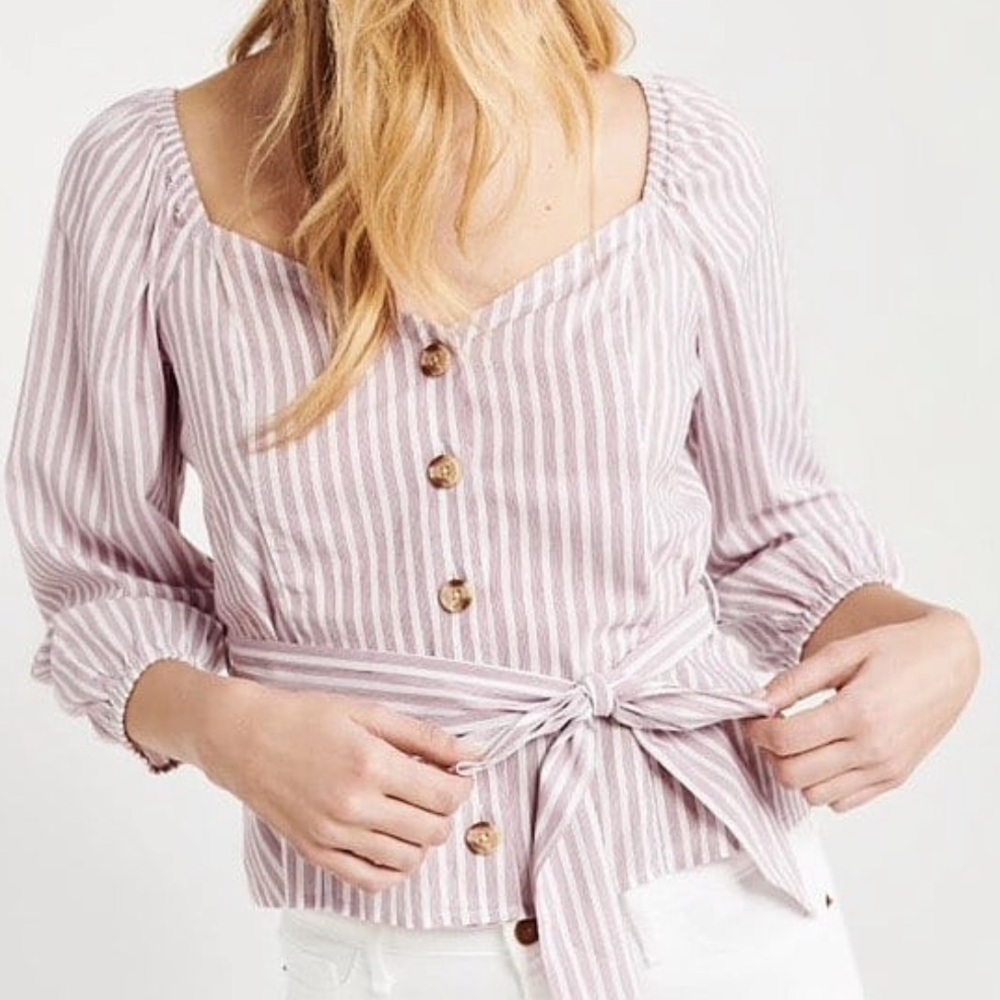 Abercrombie &‎ Fitch Tie Front Stripe Button Front Top, M